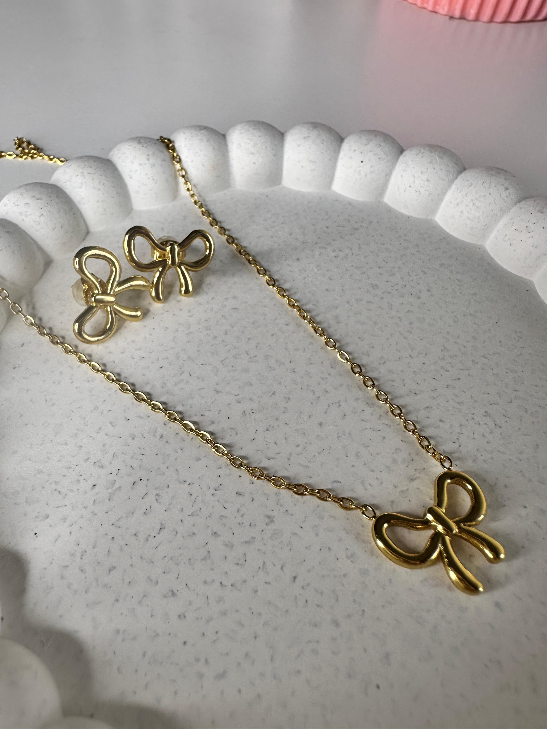 Golden Bow Charm Necklace & Earrings Set 🎀💫