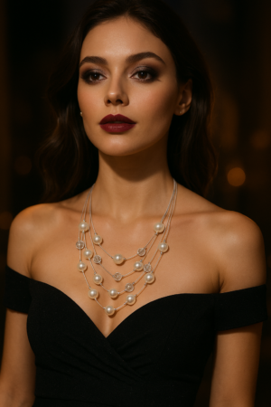 💎 Layered Pearl & Crystal Necklace ✨🤍